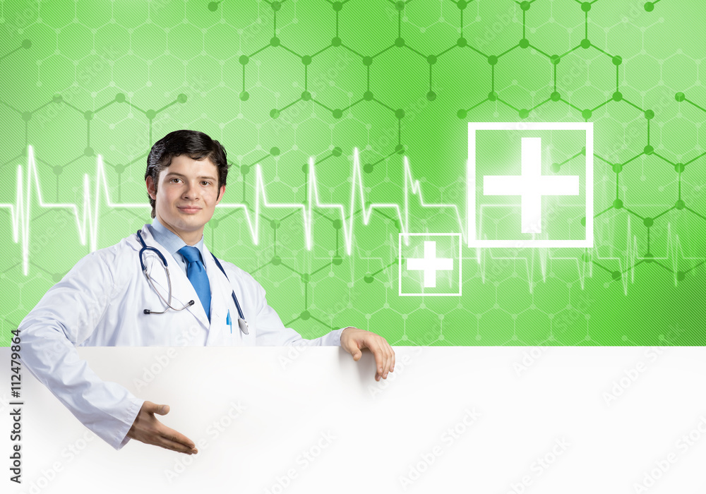 Doctor with banner Doctor with banner