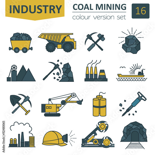 Coal mining icon set. Colour version design