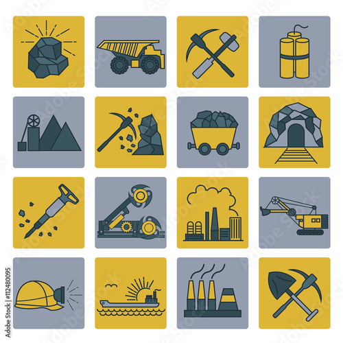 Coal mining icon set. Colour version design