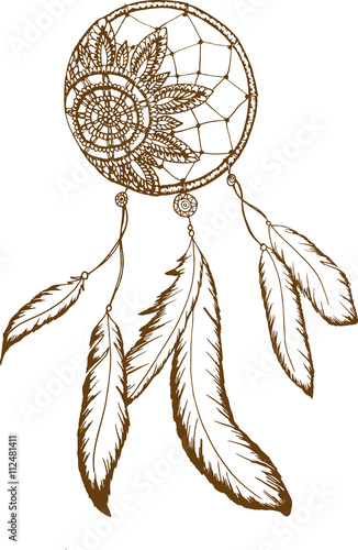 Hand-drawn dreamcatcher with feathers. Ethnic illustration, tribal