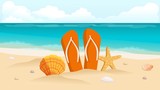 Vector illustration of a travel postcard, flyer, beach, sea, shells and composition of footwear