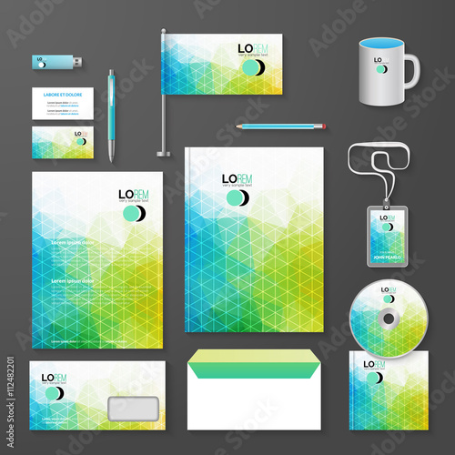 Abstract Corporate identity template. Vector company triangle style for brandbook and guideline, pen, cd disc, cup, letter, flag, business cards