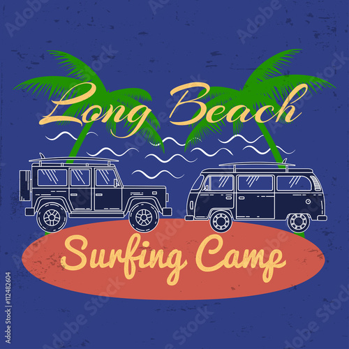 Surfing concept for shirt or logo, print, stamp. For web design and application interface, also useful for infographics. Vector dark grey. Vector illustration.