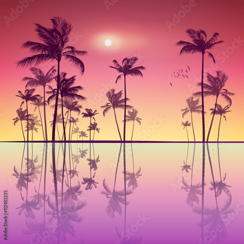 Landscape of tropical palm trees at sunset or moonlight, with r