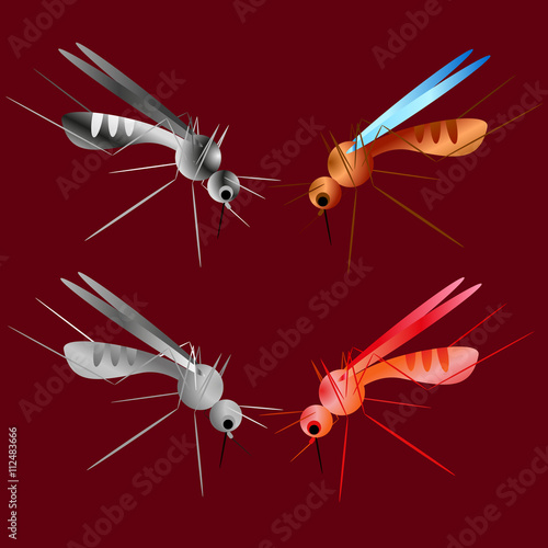 Set of mosquito silhouettes isolated on red background. Vector mosquito silhouettes. Aegypti flying mosquito. Zika virus transmission. Vector aegypti mosquito silhouettes isolated on red. Fly.Pest