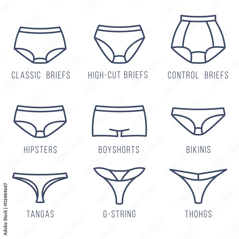 Vektorová grafika „Female panties types flat thin line vector icons. Woman  underwear fashion styles collection. Front view. Underclothes linear  infographic design elements. Classic briefs, bikini, string, tanga, thong“  ze služby Stock