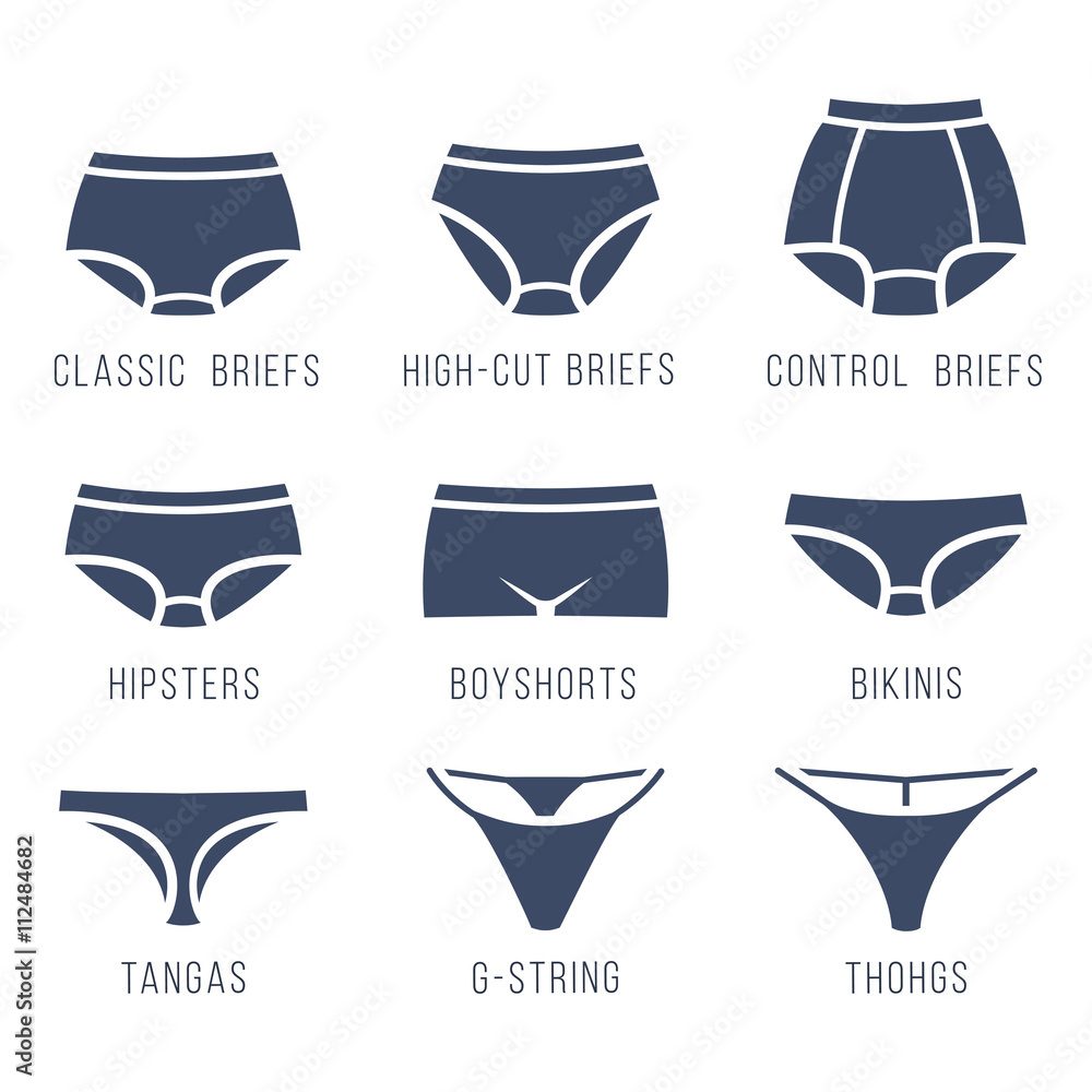 Female panties types flat silhouettes vector icons set. Woman underwear  fashion styles collection. Front view. Underclothes infographic design  elements. Classic briefs, bikini, string, tanga, thong Stock-vektor