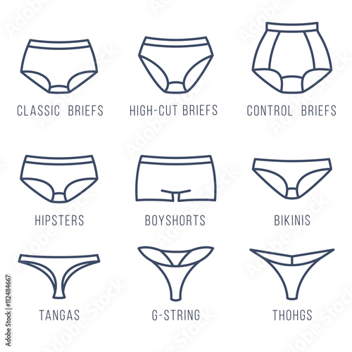 Female panties types flat thin line vector icons. Woman underwear fashion  styles collection. Front view. Underclothes linear infographic design  elements. Classic briefs, bikini, string, tanga, thong Stock Vector | Adobe  Stock