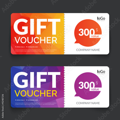Gift voucher market offer template layout with colorful modern triangle business design. Certificate special discount buy coupon