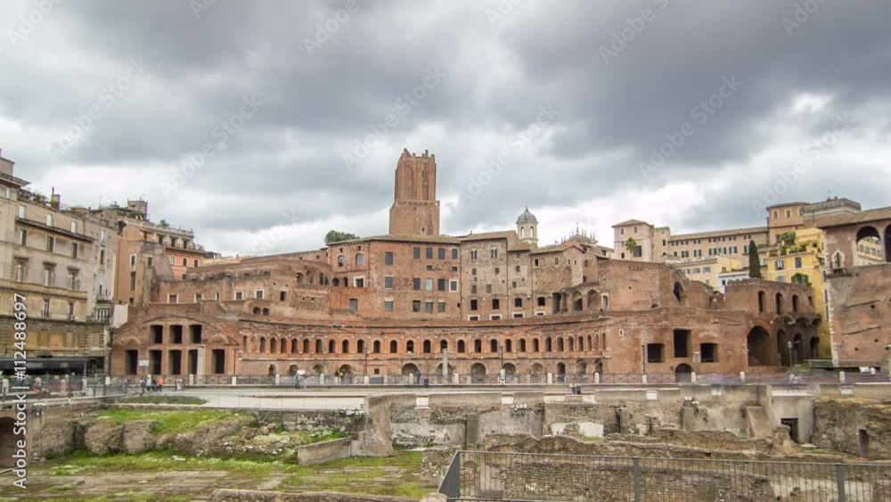 A panoramic view on Trajan's Market timelapse hyperlapse on the Via dei Fori Imperiali, in Rome, Italy A panoramic view on Trajan's Market timelapse hyperlapse on the Via dei Fori Imperiali, in Rome, Italy