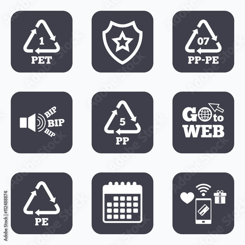 PET, PP-pe and PP. Polyethylene terephthalate