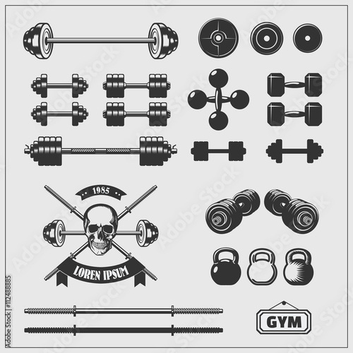 Vector set of gym equipment and design elements.