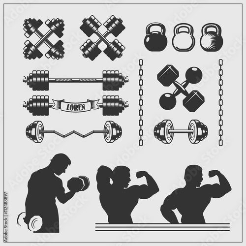 Vector set of gym equipment, design elements and bodybuilders silhouettes.
