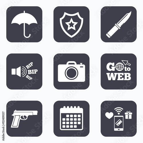 Gun weapon. Knife, umbrella and photo camera.