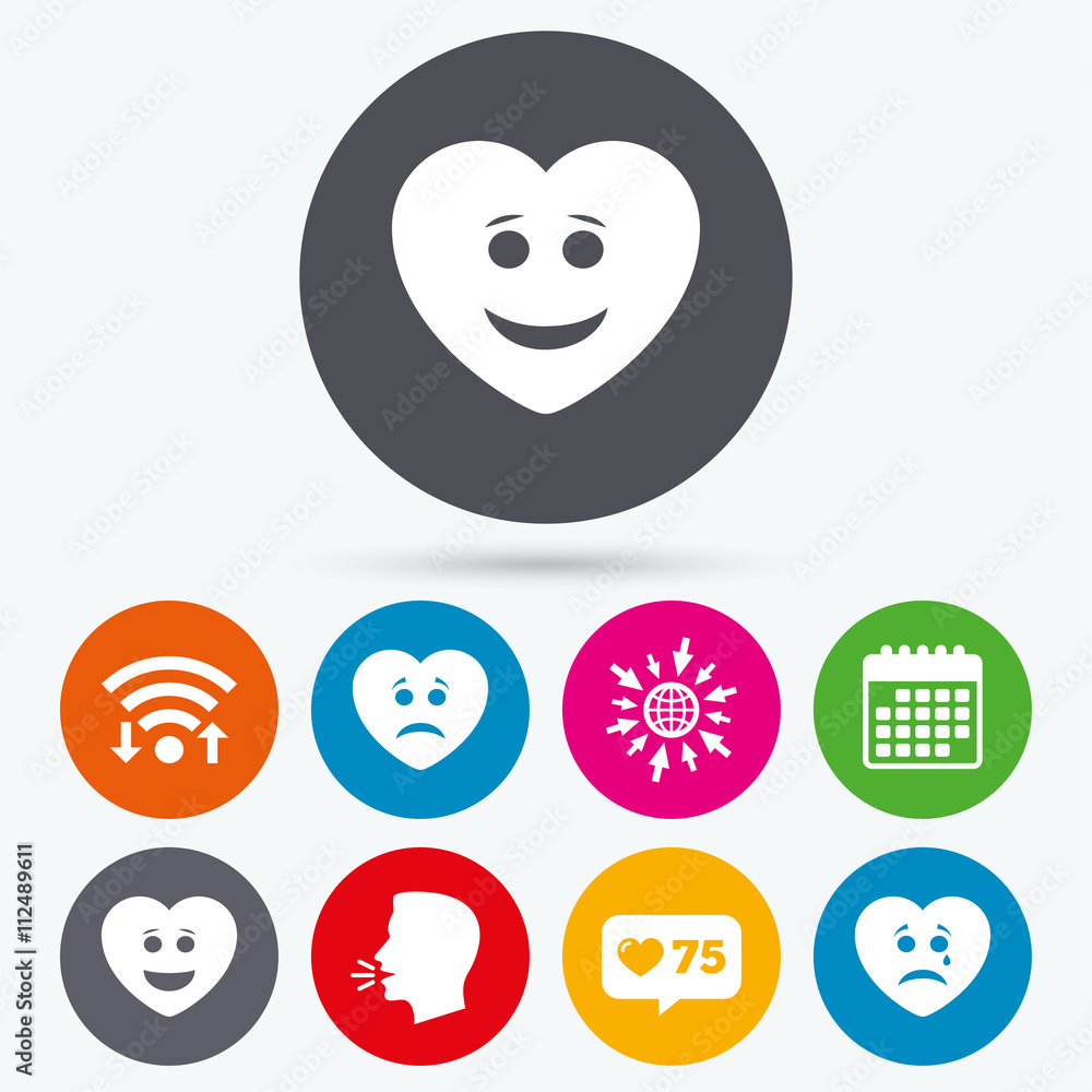 Heart smile face icons. Happy, sad, cry. Heart smile face icons. Happy, sad, cry.