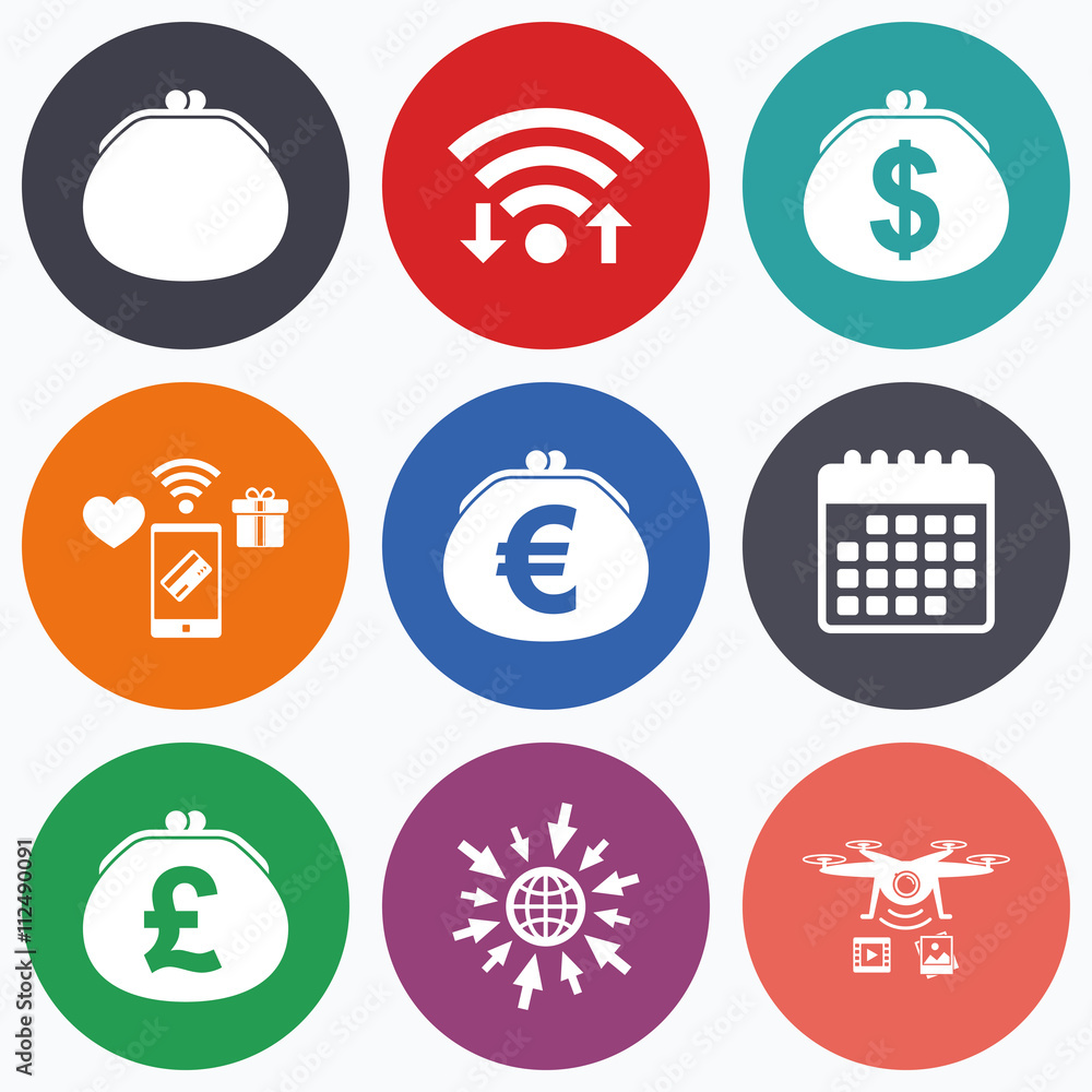 Wallet with Dollar, Euro icons. Cash bag signs. Wallet with Dollar, Euro icons. Cash bag signs.