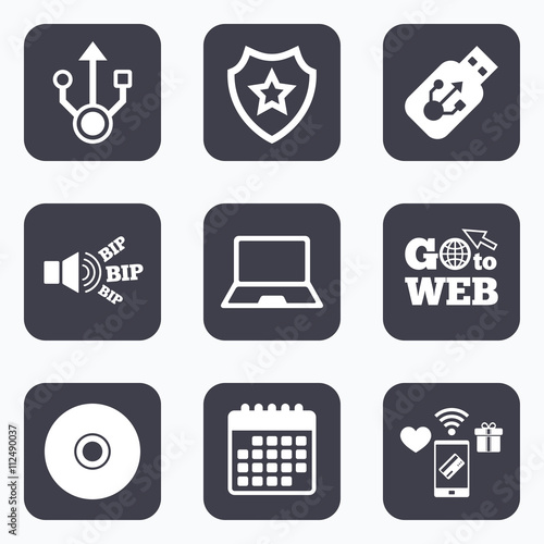 Usb flash drive icons. Notebook or Laptop pc.