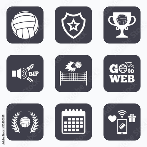 Volleyball and net icons. Winner award cup.