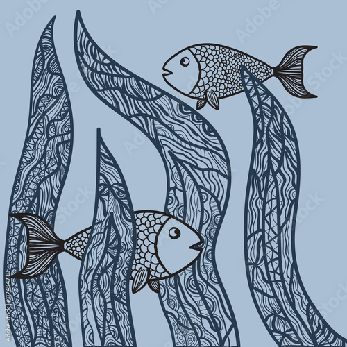 Two fishes in sea weed. Adult antistress coloring page. Hand drawn doodle oceanic animal. Sketch for poster, print, t-shirt in zentangle. Vector illustration