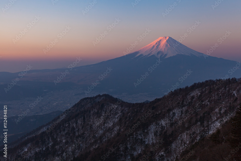 Mount Fuji during sunrise time in winter season seen from Top of Mt. Mitsutoge Mount Fuji during sunrise time in winter season seen from Top of Mt. Mitsutoge