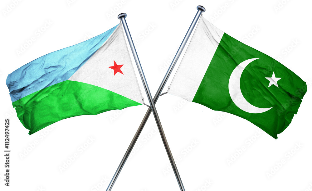 Djibouti flag with Pakistan flag, 3D rendering Djibouti flag with Pakistan flag, 3D rendering