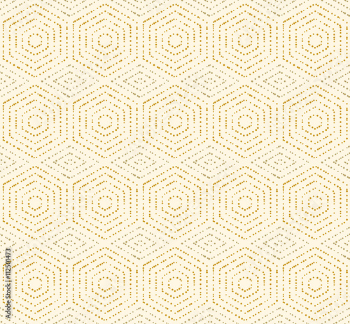Geometric repeating ornament with golden dotted hexagons. Seamless abstract modern pattern