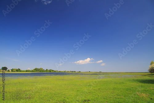 the river emerged from its banks and the green field on a spring day © kkolosov