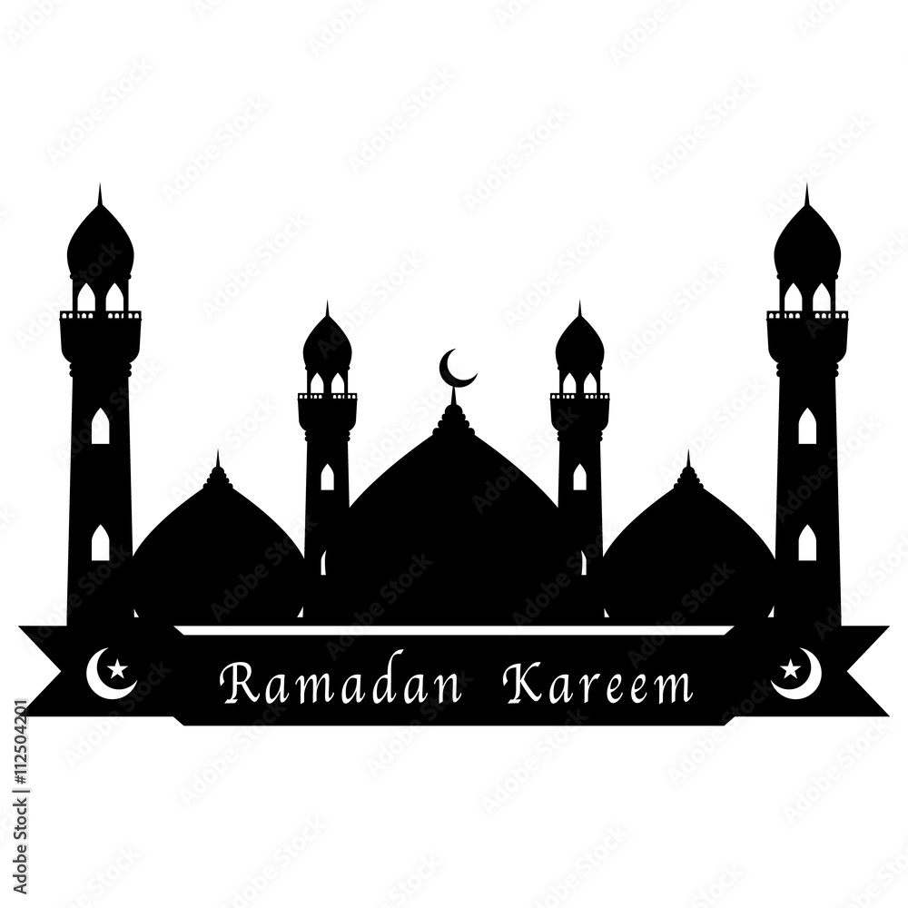 Black mosque and moon and star with ribbon on white background. Vector  illustration happy Ramadan Kareem greeting card design. Stock Vector |  Adobe Stock