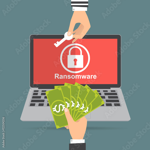 Hand holding money banknote for paying the key from hacker for unlock folder got ransomware malware virus computer. Vector illustration technology data privacy and security concept. photo