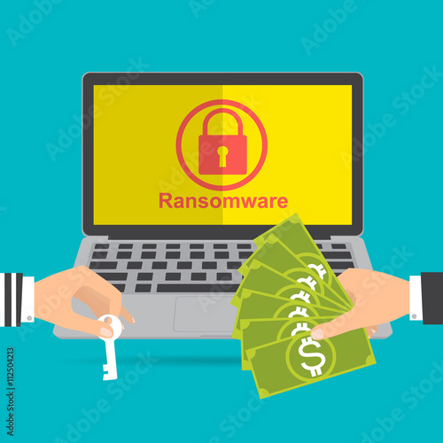 Businessman hand holding money banknote for paying the key from hacker for unlock folder got ransomware malware virus computer. Vector illustration technology data privacy and security concept.