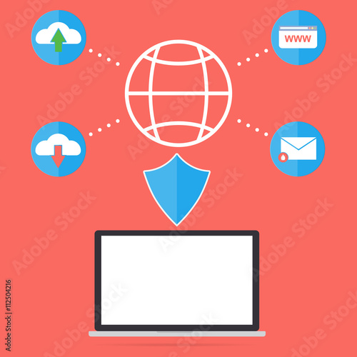 Computer laptop with firewall anti virus for protect malware virus from internet website email upload and download file. Flat design computer security in business concept.
