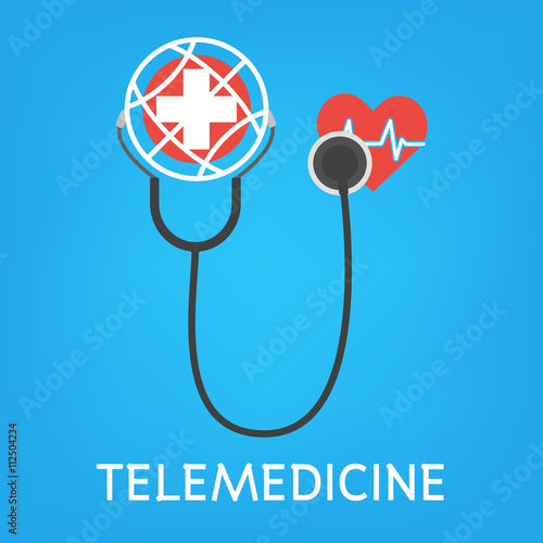 Globe with white cross and stethoscope for online diagnosis concept of telemedicine and telehealth technology. Vector illustration healthcare concept design.