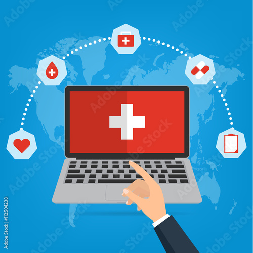 Business man hand point to computer laptop for telemedicine and telehealth concept. Vector illustration cloud internet of things technology trend.