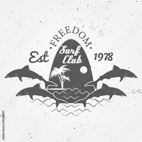 Surf club concept Vector Summer surfing retro badge. Surfer club emblem , outdoors banner, vintage background. Shark surf club icon design.