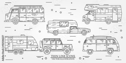 Set of Tourist bus, SUV, trailer, jeep, RV camper trailer, Traveler truck.  Summer trip family travel concept.  Thin line icon. Vector illustration.