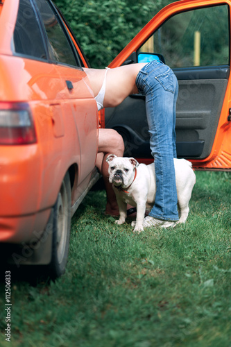 Sexy couple in the car, and a white English bulldog