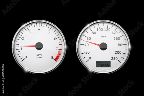 Speedometer, tachometer in motion. Round gauges in chrome frames