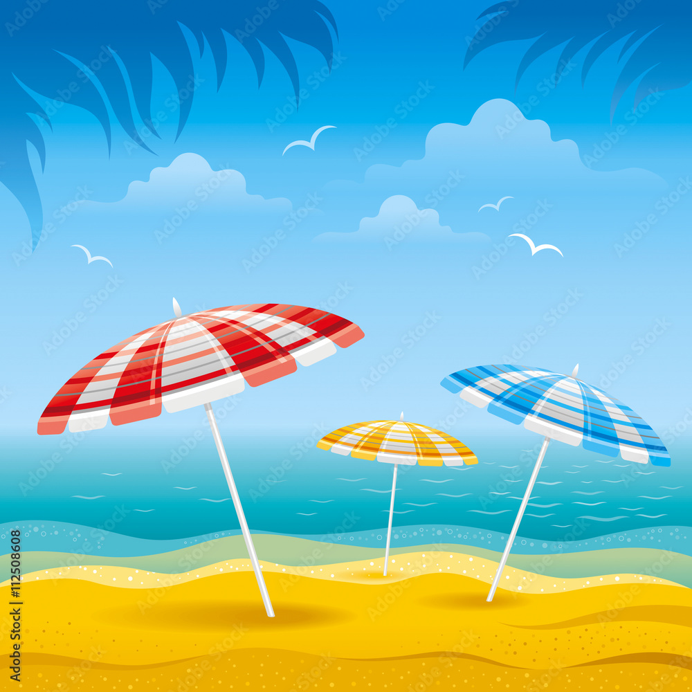 Beach background with blue sea and stripped beach beach umbrellas.
