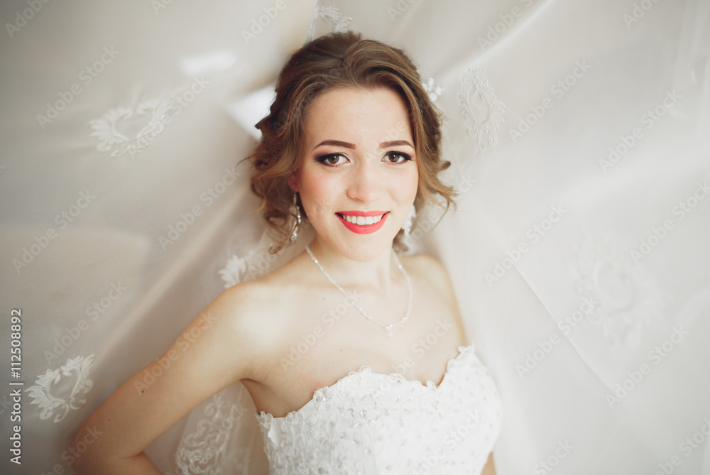 Portrait of beautiful bride with fashion veil and dress at wedding morning Portrait of beautiful bride with fashion veil and dress at wedding morning