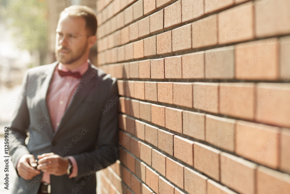 Portrait of handsome adult businessman near brick wall Portrait of handsome adult businessman near brick wall