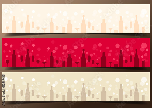Three festive banners with alcoholic drinks on dark brown background. 