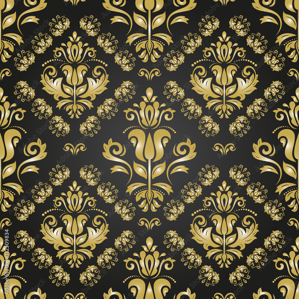 Seamless oriental ornament in the style of baroque. Traditional classic vector pattern. Black and golden pattern Seamless oriental ornament in the style of baroque. Traditional classic vector pattern. Black and golden pattern
