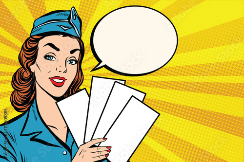 Girl retro stewardess with white forms brochure ticket