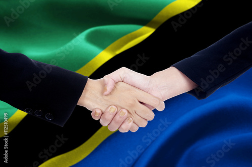 Meeting handshake with flag of Tanzania