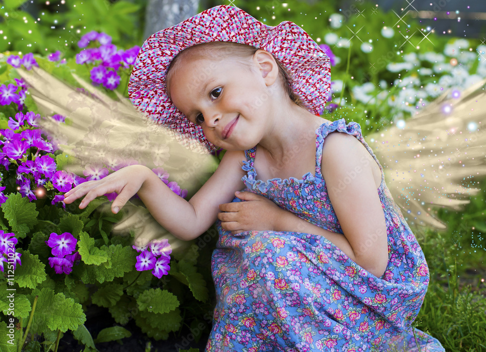 Fototapeta premium Little fairy, angel girl, fairy with wings