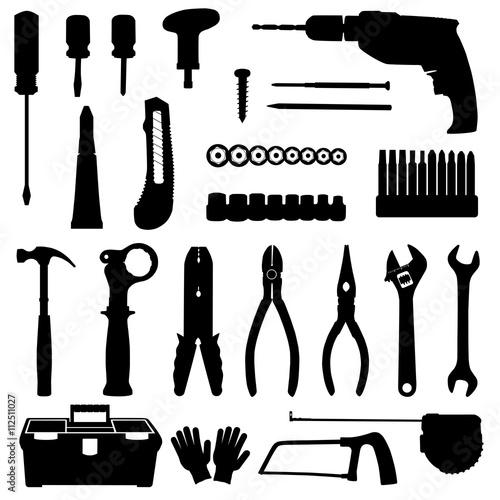 Silhouettes of construction repair tools icons set isolated on white background. Black and white vector illustration