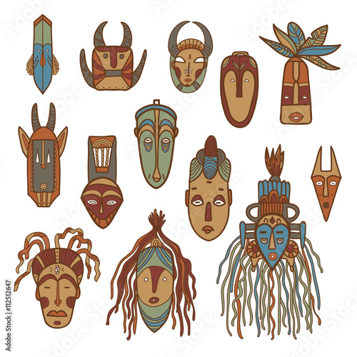 Hand drawn african masks. Vector set.