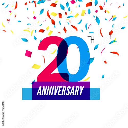 Anniversary design. 20th icon anniversary. Colorful overlapping design with colorful confetti