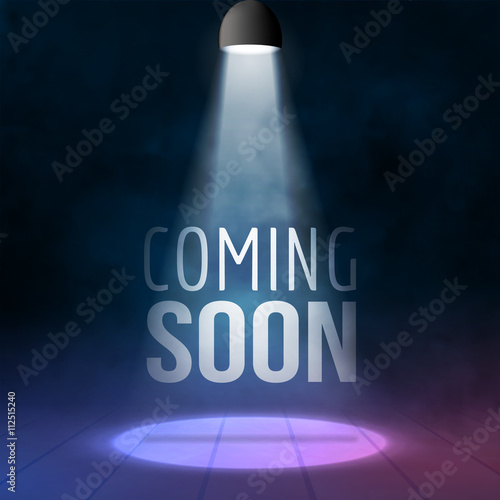 Coming soon illuminated with light projector blank stage realistic vector illustration. Sale market commerce concept
