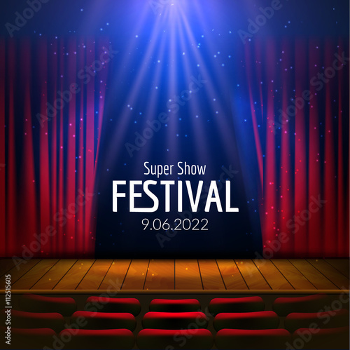 Vector Festive design with lights and wooden scene and seats. Poster for concert, party, theater, dance template. Wooden Stage with Curtains. Poster Template with Lights.